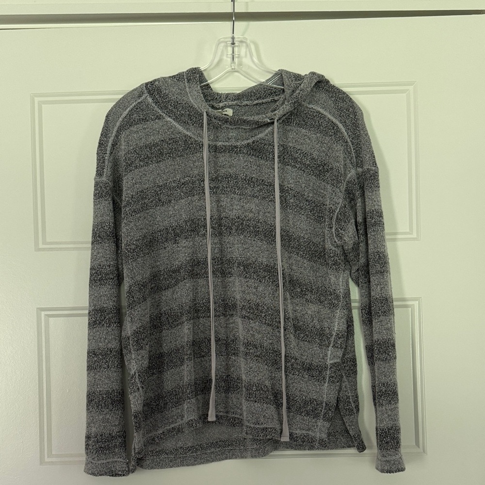 Max Studio Gray Striped Cowl-Neck Hoodie Sweater